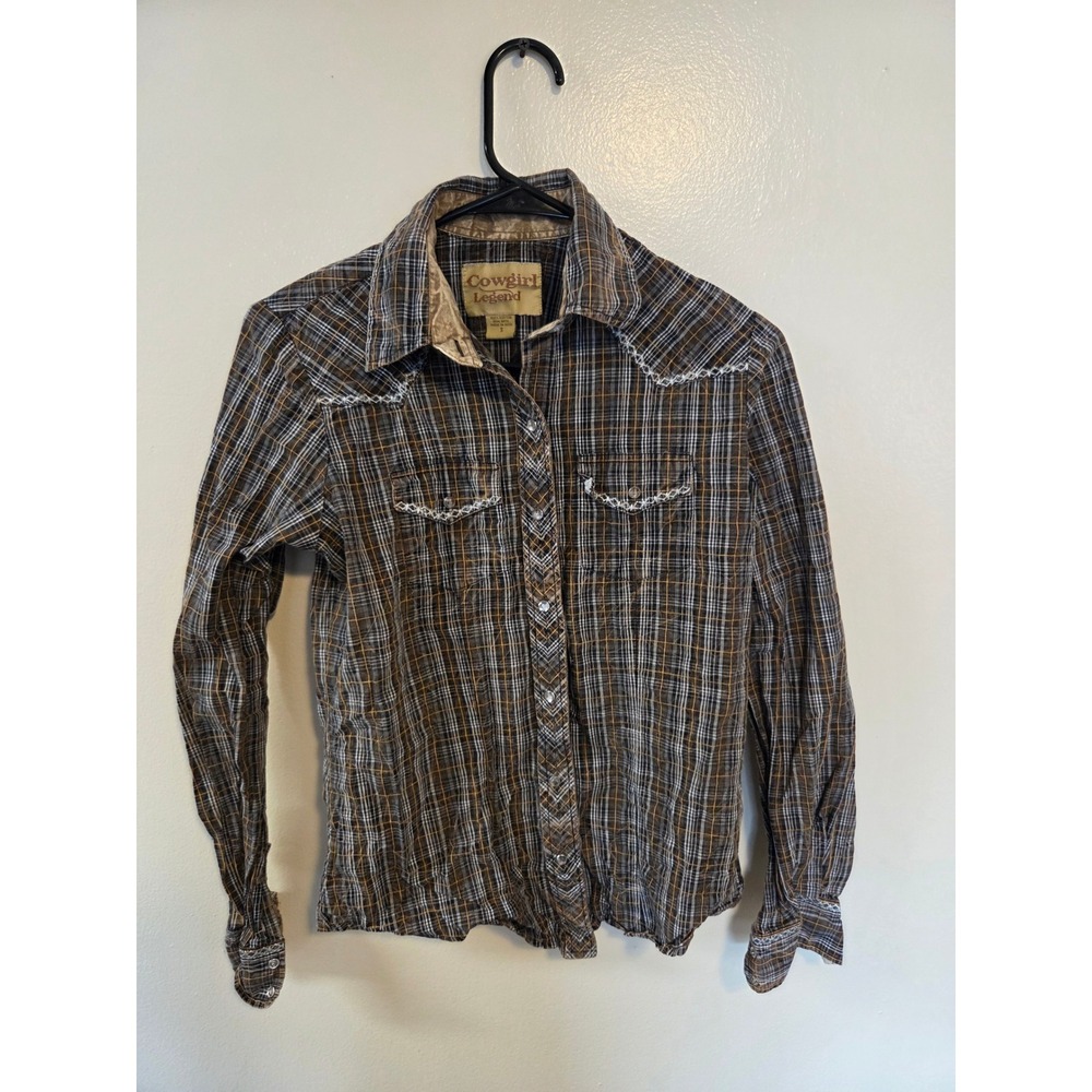 Cowgirl Legend Brown Plaid Western Pearl Snap Shirt Embroidered Yoke Small